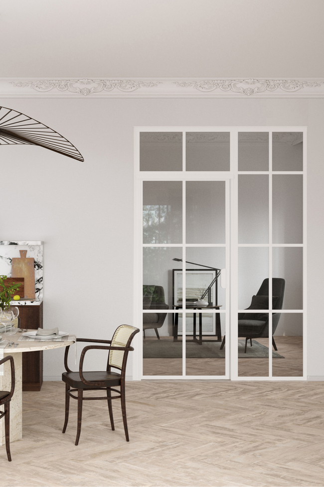 Glass wall with fixed panel on handle side and upper window Bläk 709 Paris