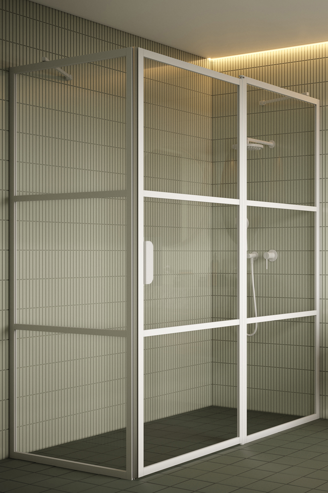 Shower enclosure with a fixed wall and a hinged door with a fixed part Bläk 761 Tokyo