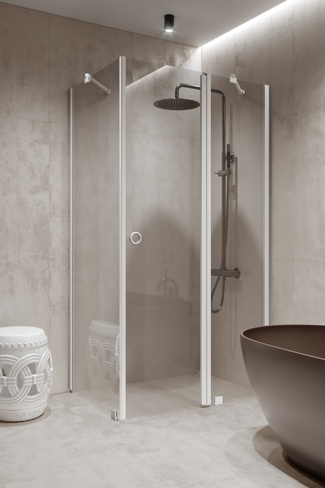 Shower enclosure with a fixed wall and a hinged door with a fixed part Forma 370