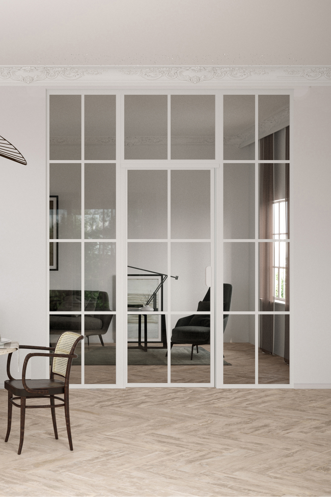 Glass wall with fixed panels on hinge and handle side and upper window Bläk 726 Paris