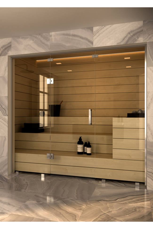 Sauna glass wall with fixed panels on hinge and handle side and window above door Vetro S48