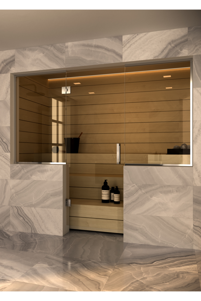 Sauna glass wall with window on handle side and hinge side Vetro S49