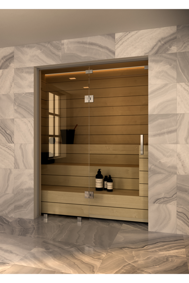 Sauna glass wall with fixed panel on hinge side and window above door Vetro S53