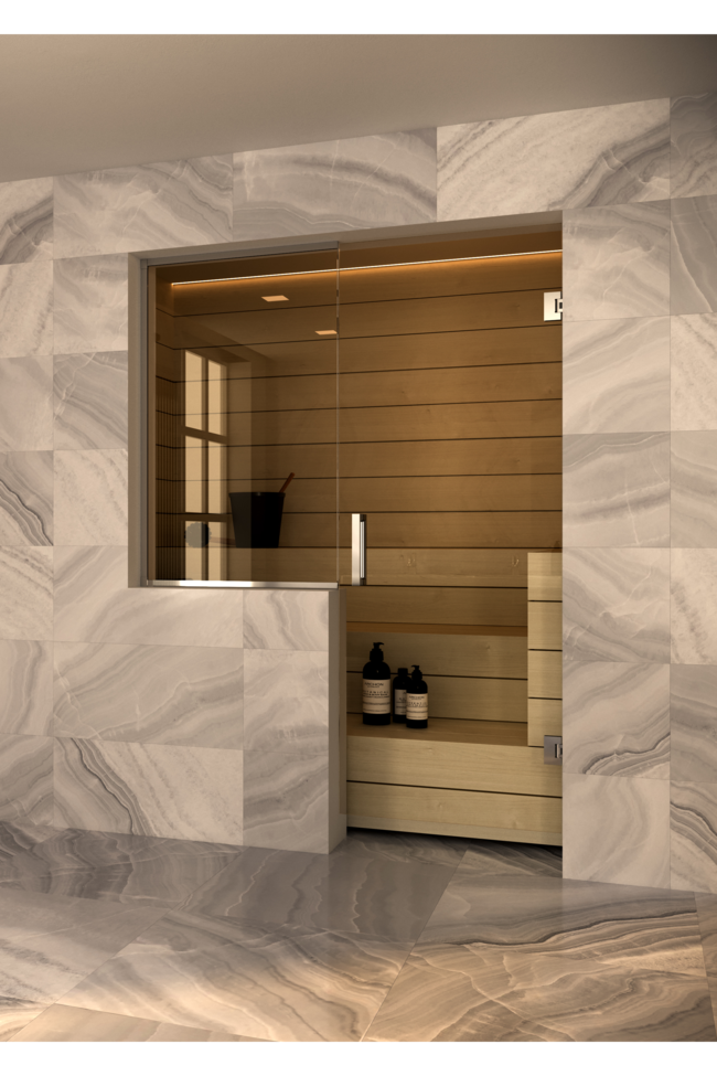 Sauna glass wall with window on handle side Vetro S59