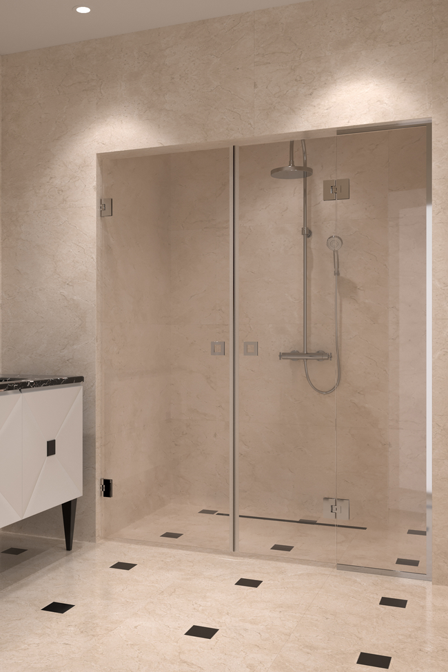 Alcove fitting with a hinged double door, one of which has a fixed part Vetro 555