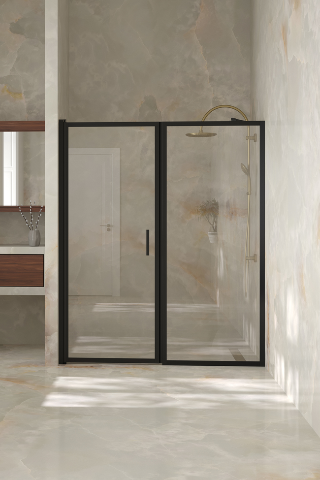 Alcove fitting with a fixed wall and hinged door Bläk 740 New York