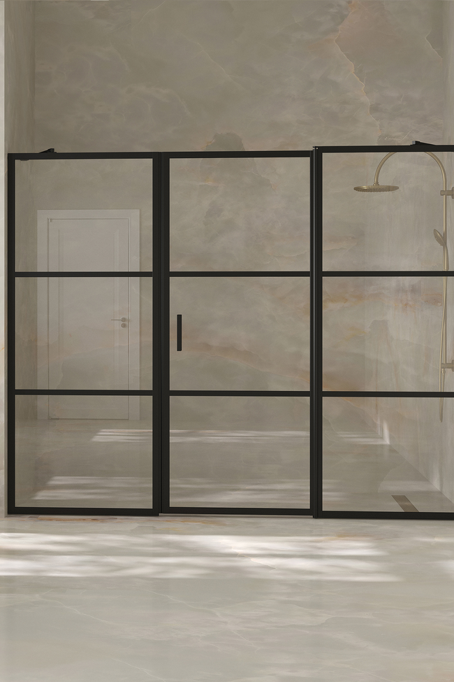 Alcove fitting with a fixed wall and hinged door which has a fixed part Bläk 746 Tokyo