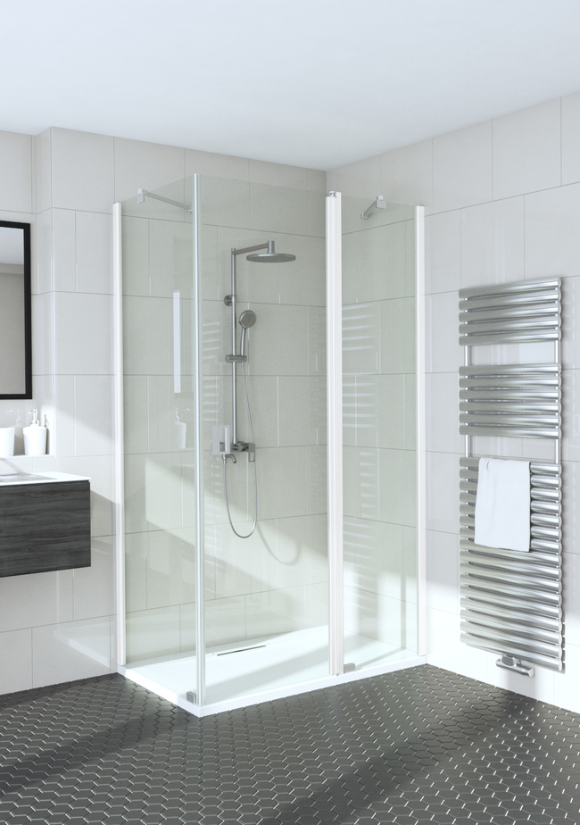 Shower enclosure with a fixed wall and a hinged door with a fixed part Fenic 355 (311x314)