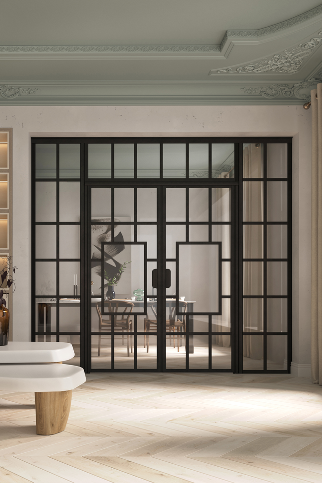 Glass wall with fixed panels on hinge side, a double door and upper window Bläk 807 Shanghai