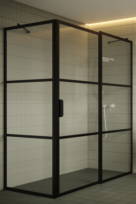 Shower enclosure with a fixed wall and a hinged door with a fixed part Bläk 761 Tokyo