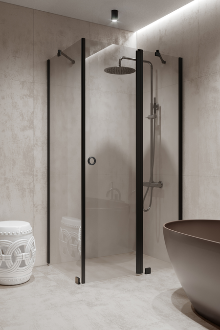 Shower enclosure with a fixed wall and a hinged door with a fixed part Forma 370