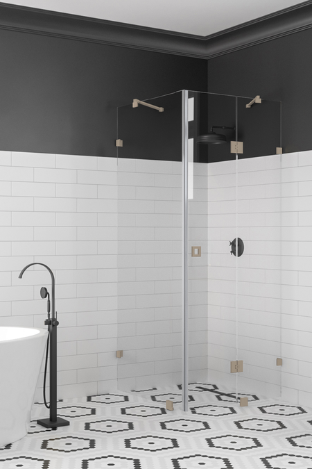 Shower enclosure with a fixed wall and a hinged door with a fixed part Vetro 542 (511x514)