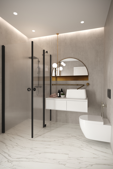 Shower enclosure with hinged doors one of which has a fixed part Forma 374