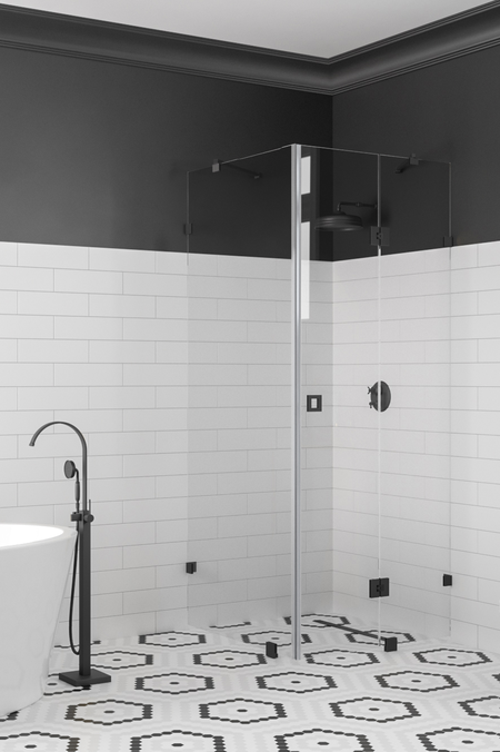 Shower enclosure with a fixed wall and a hinged door with a fixed part Vetro 542 (511x514)