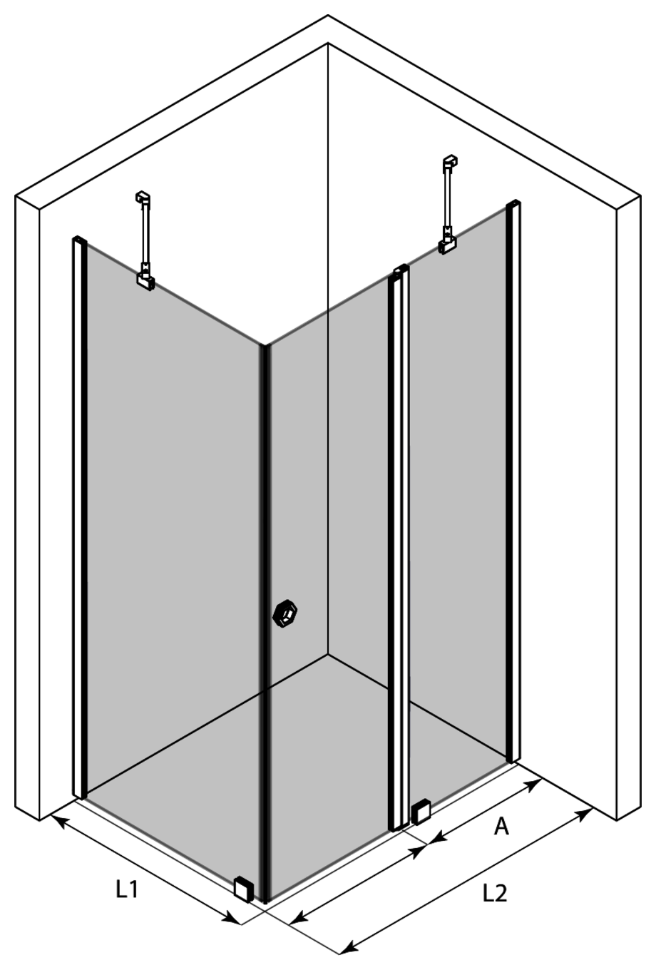 3d Suihkunurkka kiinteällä seinällä ja kääntyvällä ovella jossa kiinteä osa Forma 370