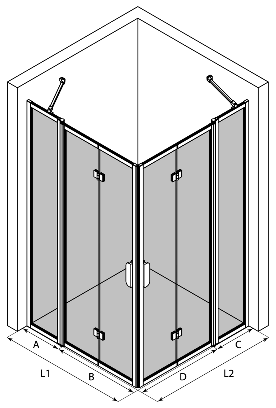 3d Suihkunurkka taittuvilla ovilla joissa kiinteät osat Bläk 89E New York