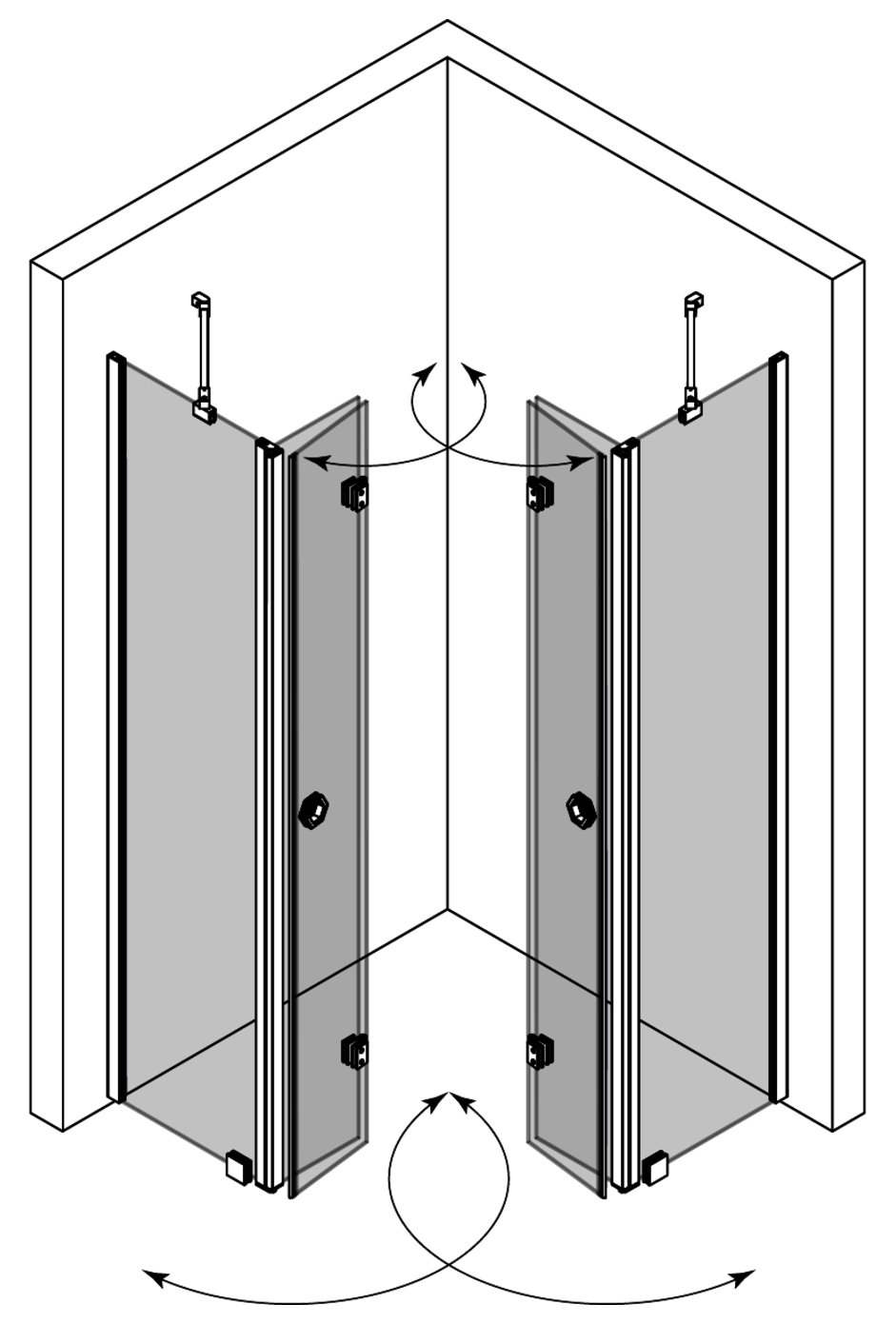 3d Suihkunurkka taittuvilla ovilla joissa kiinteät osat Forma 381