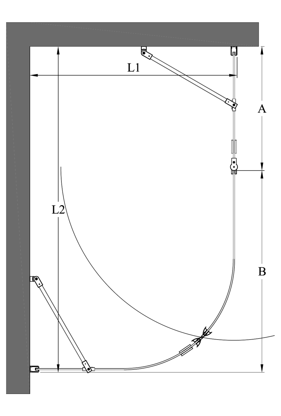 2d Kaareva suihkunurkka kiinteällä seinällä ja kääntyvällä ovella jossa kiinteä osa Infinia 267 (221x224)